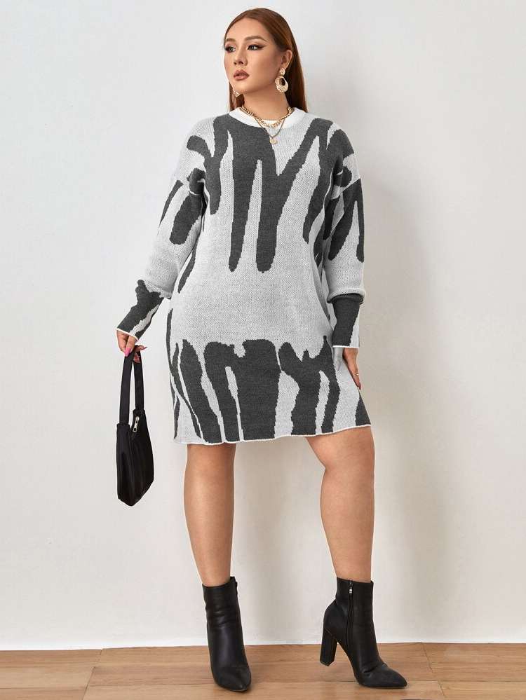 Round Neck Grey Graphic Casual Plus Size Sweater Dresses 9793