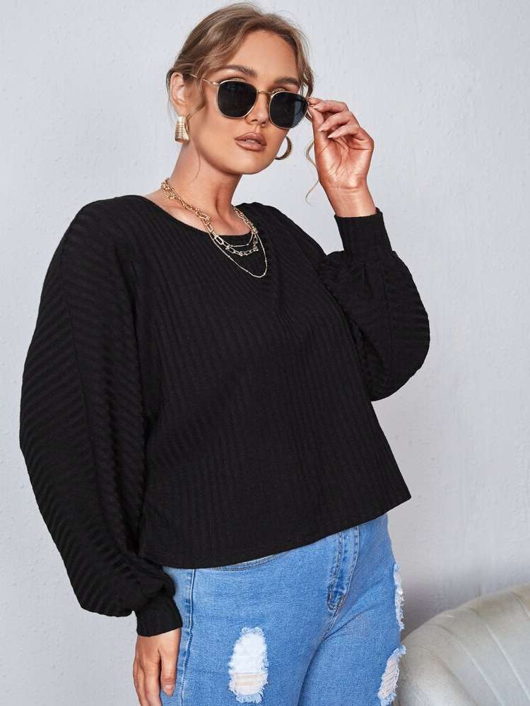 Oversized Grey Plain Rib-Knit Women Plus Clothing 725