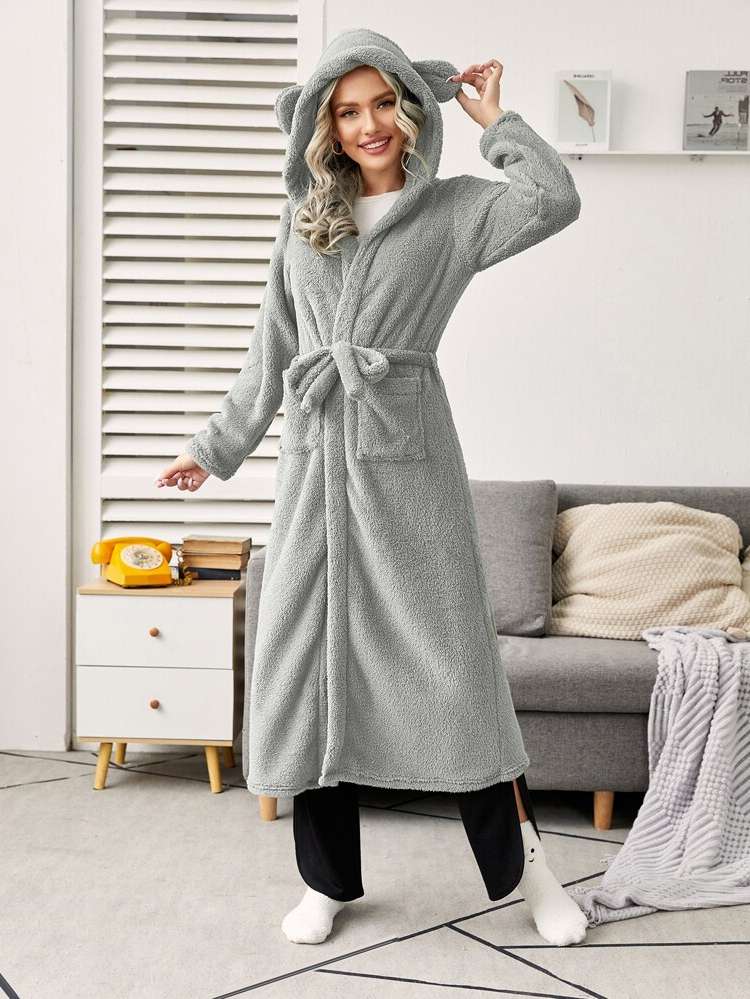  Belted Hooded Plain Women Sleep  Lounge 6425