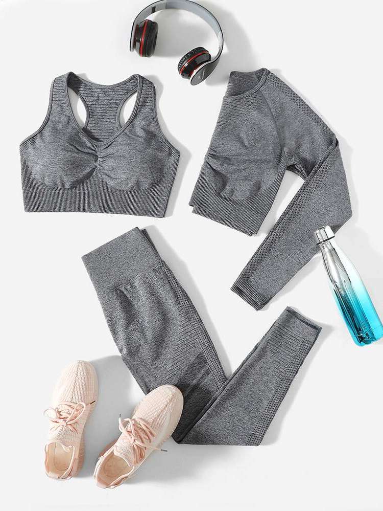 Grey Long Sleeve Plain Women Sports Sets 6830