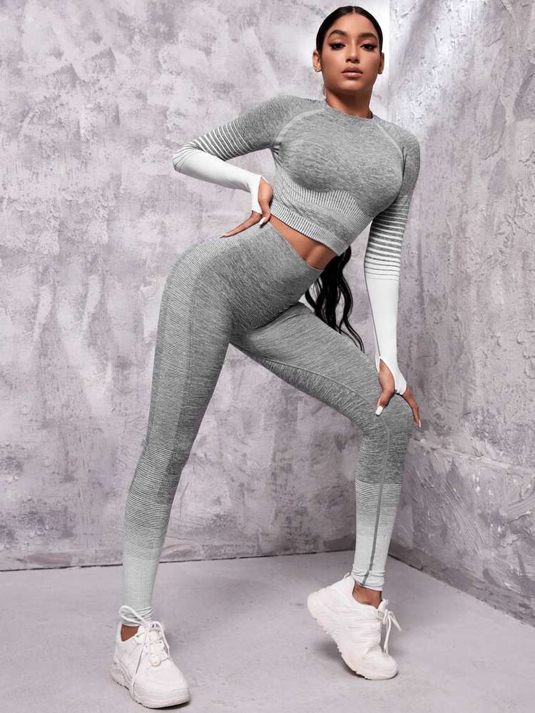 Ombre Grey Round Neck Long Sleeve Women Sports Sets 9296