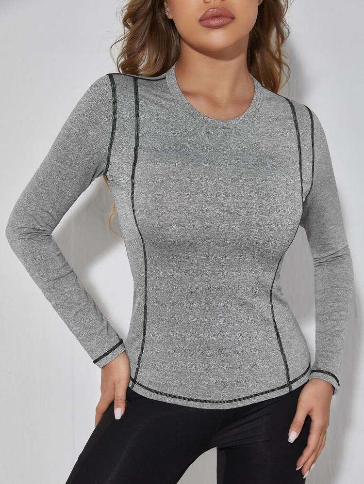 Round Neck Regular Grey Long Sleeve Women Activewear 8702