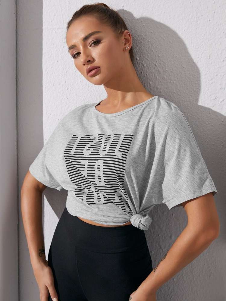  Striped Regular Fit Grey Women Sports Tees  Tanks 9421