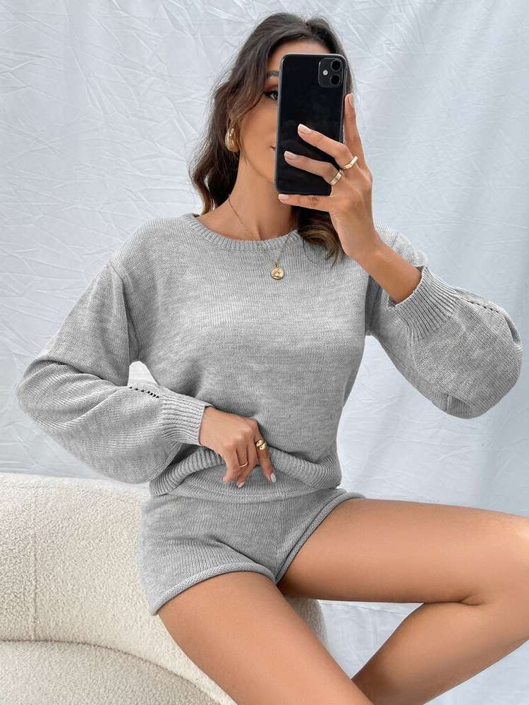 Regular Fit Plain Grey Women Sweater Co-ords 8806