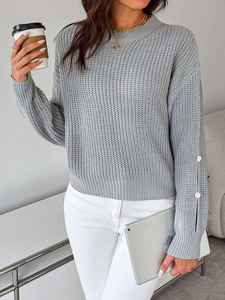 Split Grey Casual Plain Women Knitwear 503