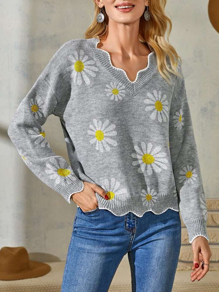 Casual Regular Floral V neck Women Clothing 4030