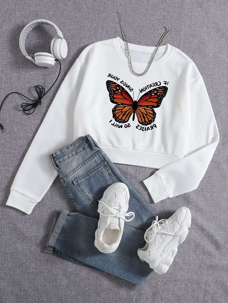 Grey Butterfly Crop Casual Women Sweatshirts 721