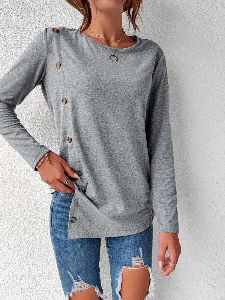 Grey Long Sleeve Casual Round Neck Women Clothing 8549