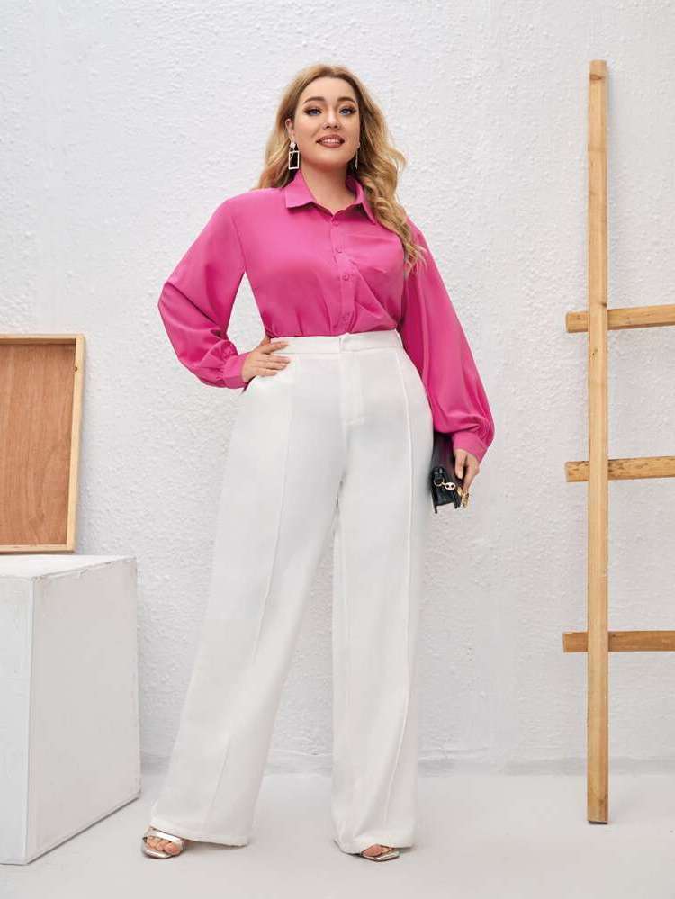  Hot Pink Long Sleeve Plus Size Tops 5690