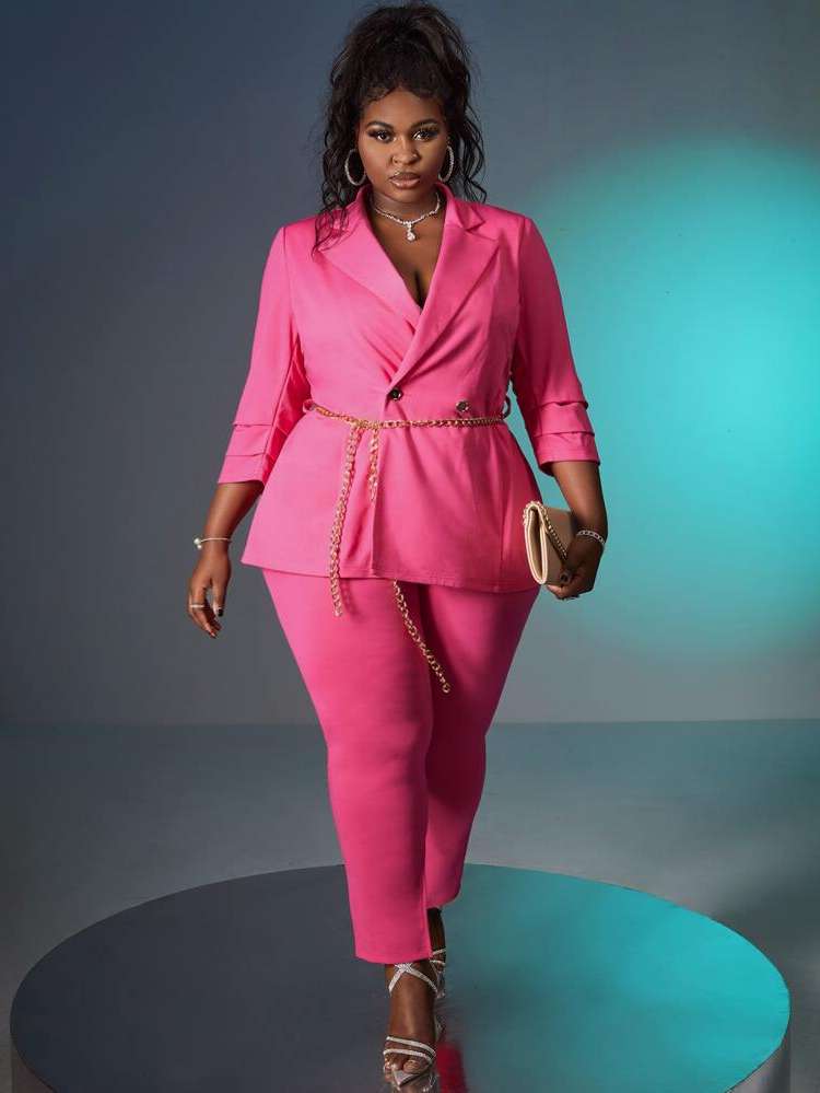 Lapel Three Quarter Length Sleeve Hot Pink Split Plus Size Suits 703