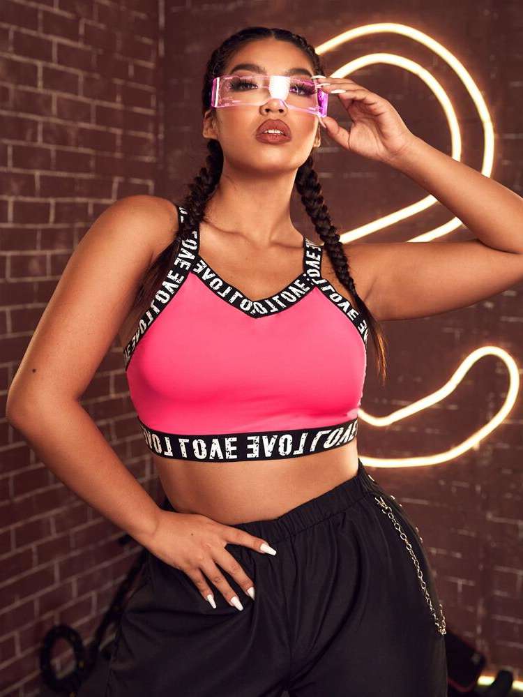 Letter Hot Pink  Plus Size Sports Bras 9900