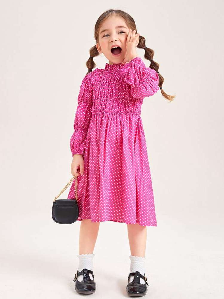  Regular Fit Hot Pink Stand Collar Toddler Girl Dresses 657