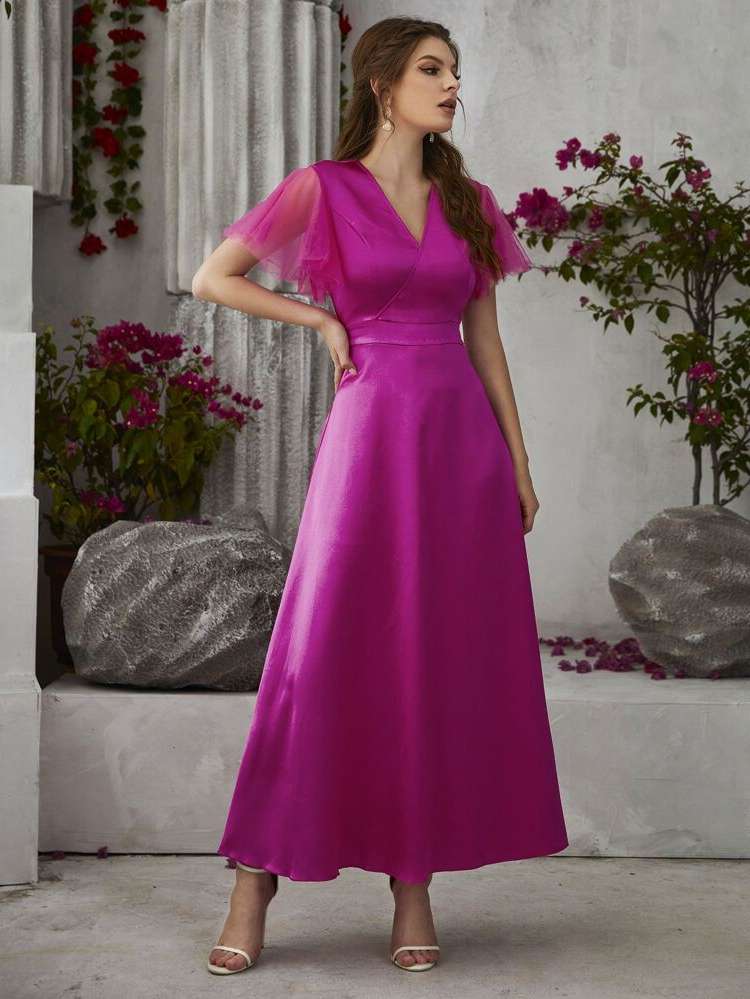 Hot Pink Contrast Mesh Long Glamorous Women Wedding Party Wear 8097