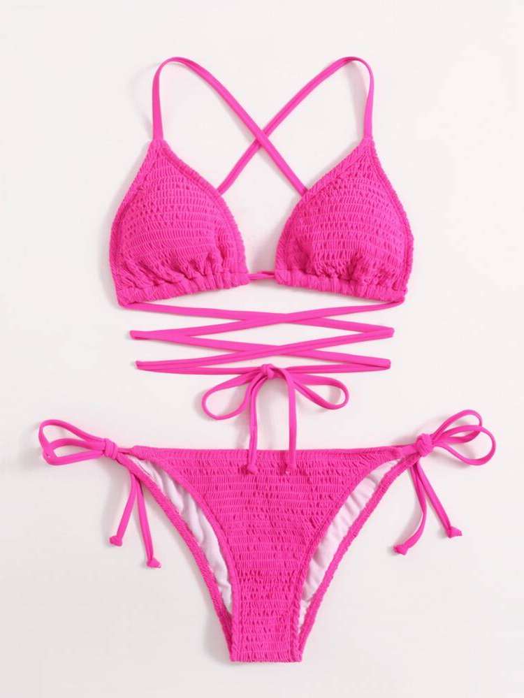 Hot Pink Criss Cross Casual Spaghetti Strap Women Bikini Sets 651