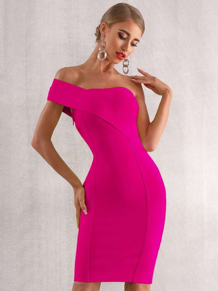 Slim Fit Knee Length Hot Pink Zipper Women Dresses 7493