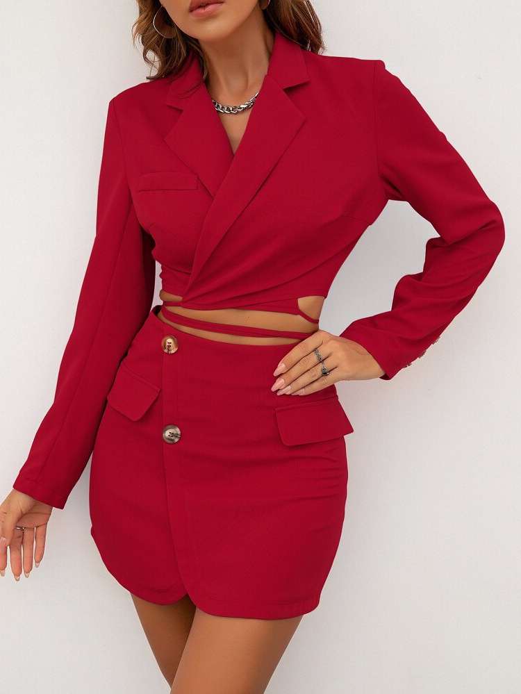 Lapel Plain Long Sleeve Women Suit Sets 8364