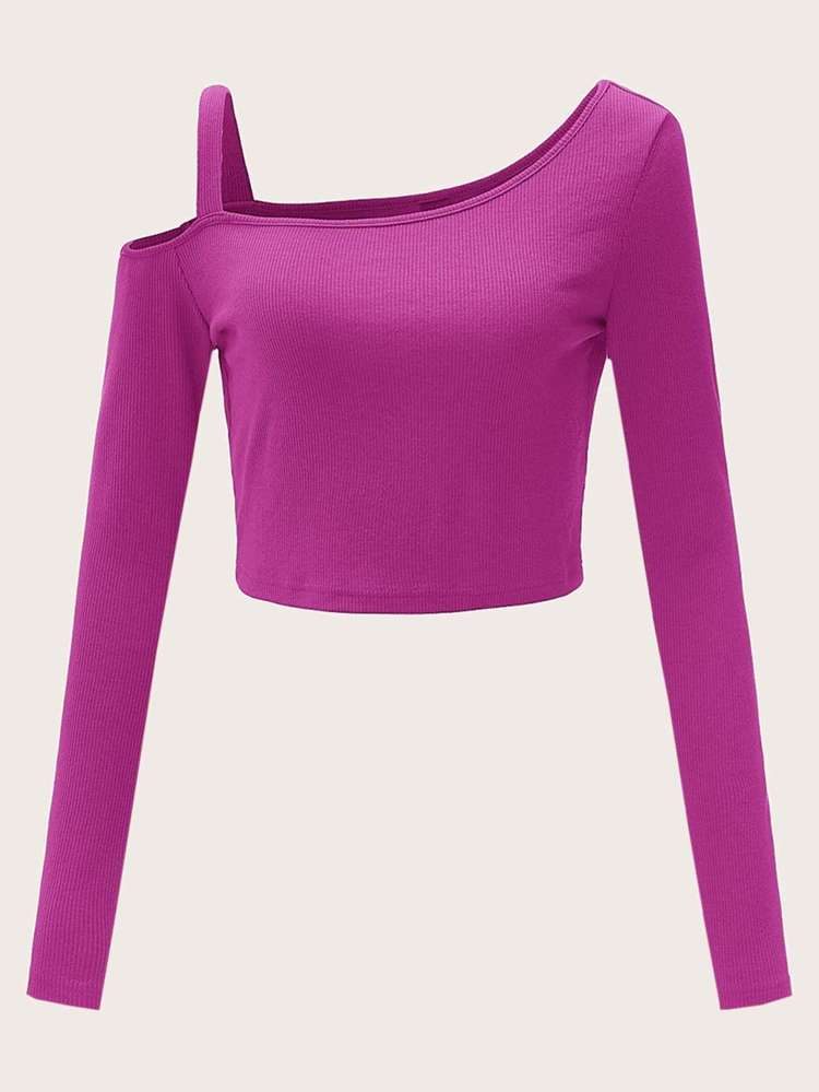 Hot Pink Elegant Asymmetrical Neck Women Tops, Blouses  Tee 1185