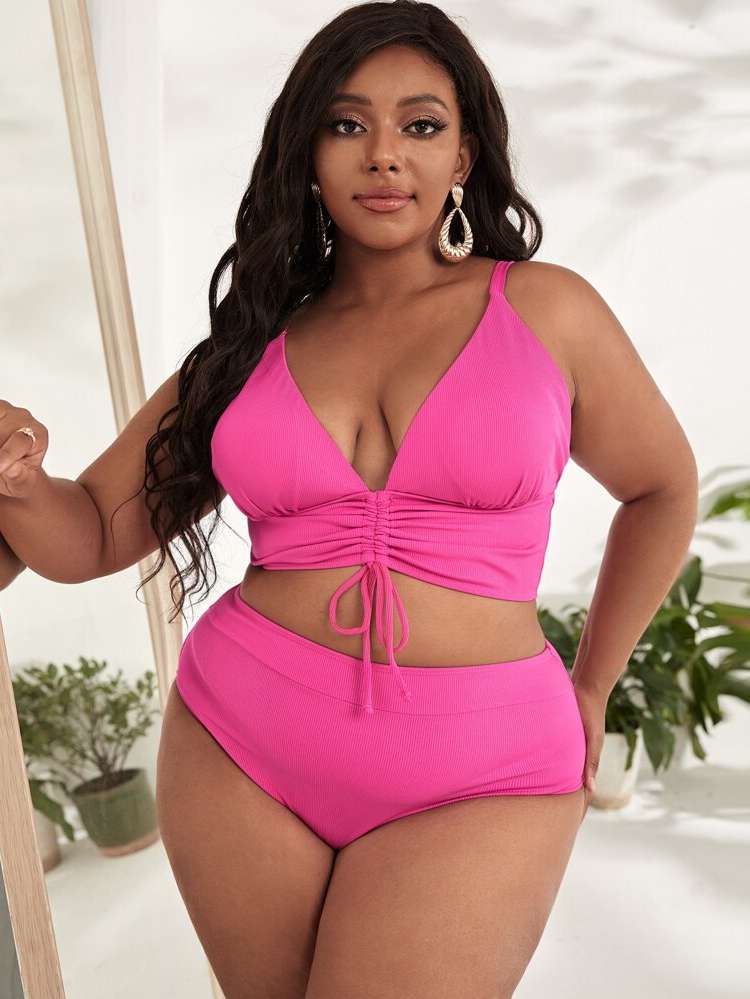 Drawstring Hot Pink  Plus Size Swimwear 232