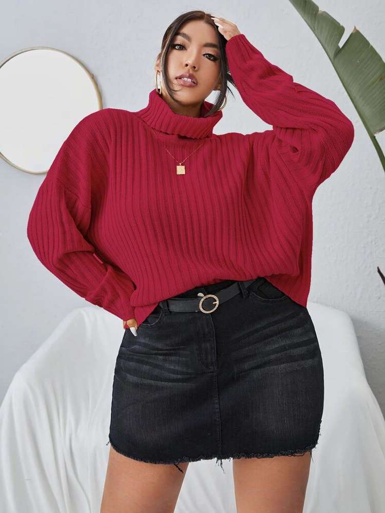  Rib-Knit High Neck Hot Pink Plus Size Sweaters 8561