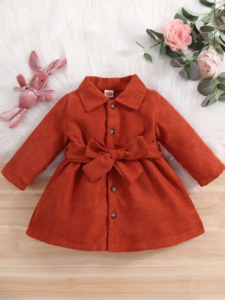 Belted Long Plain Long Sleeve Baby Coats 1672