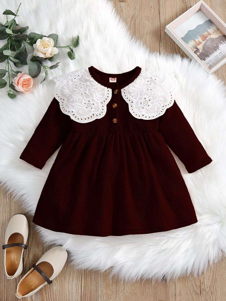 Contrast Collar Long Sleeve Short Peter Pan Collar Baby  Mom 8929