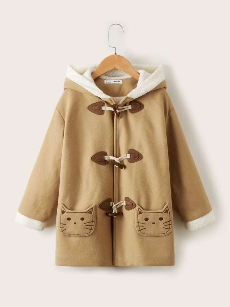 Regular Fit Long Sleeve Embroidery Khaki Girls Overcoats 2261