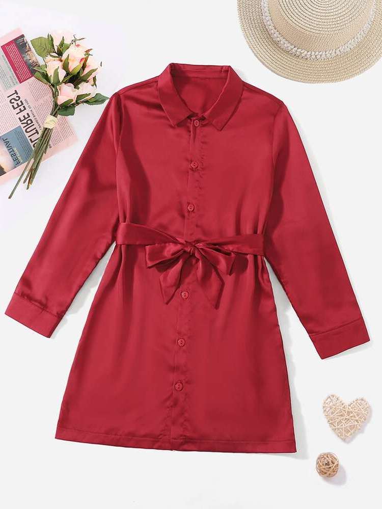 Long Sleeve Short Casual Belted Girls Dresses 251