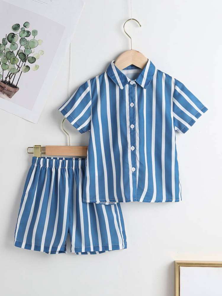 Regular Fit Khaki Striped Toddler Boy Two-piece Outfits 3650