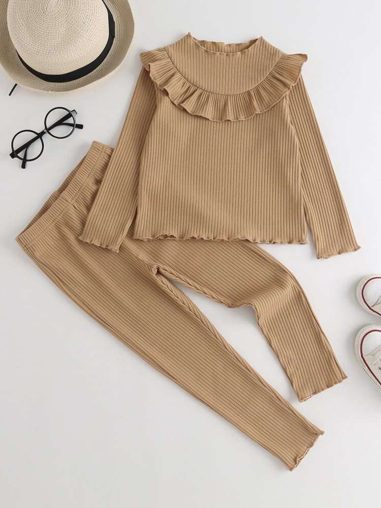  Plain Stand Collar Khaki Toddler Girl Two-piece Outfits 7310