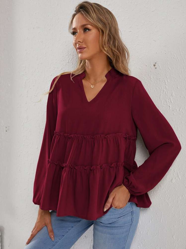 Long Sleeve Boho Regular Fit Ruffle Hem Maternity Blouses 9997