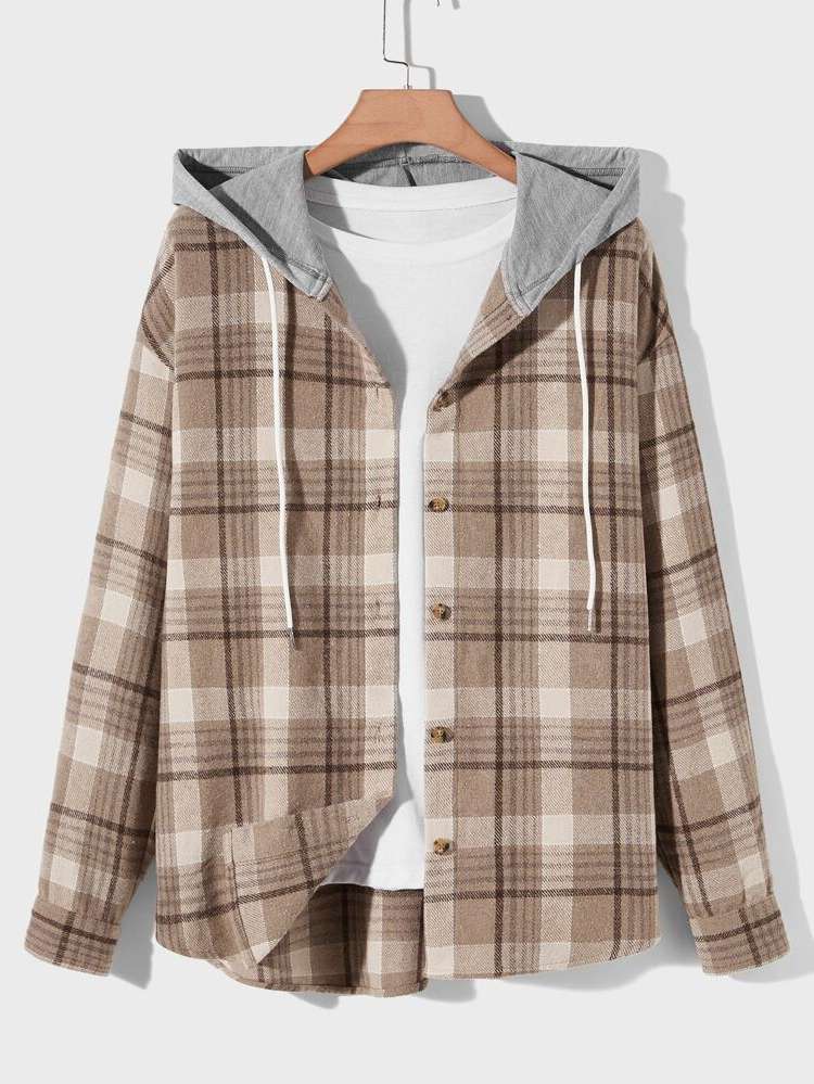 Tartan Long Sleeve Button Front Hooded Men Outerwear 7630