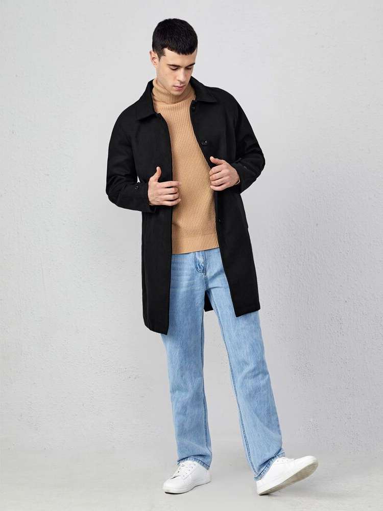 Regular Fit Plain Long Sleeve Short Men Overcoats 4930