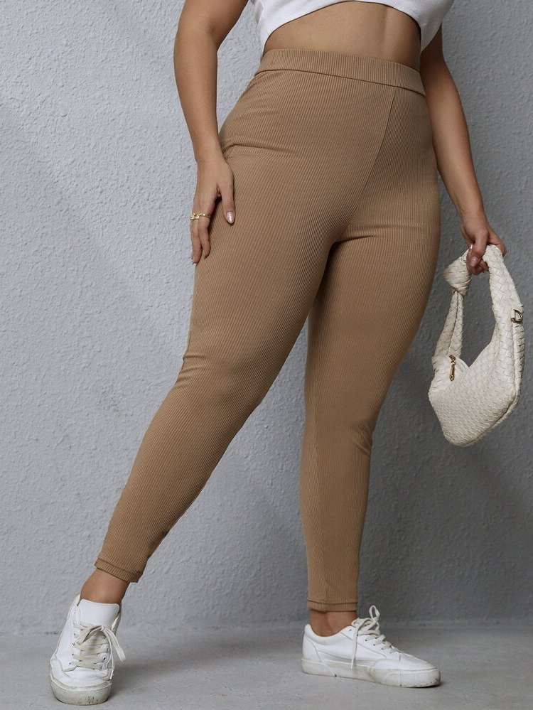  Khaki Rib-Knit Casual Plus Size Bottoms 6465