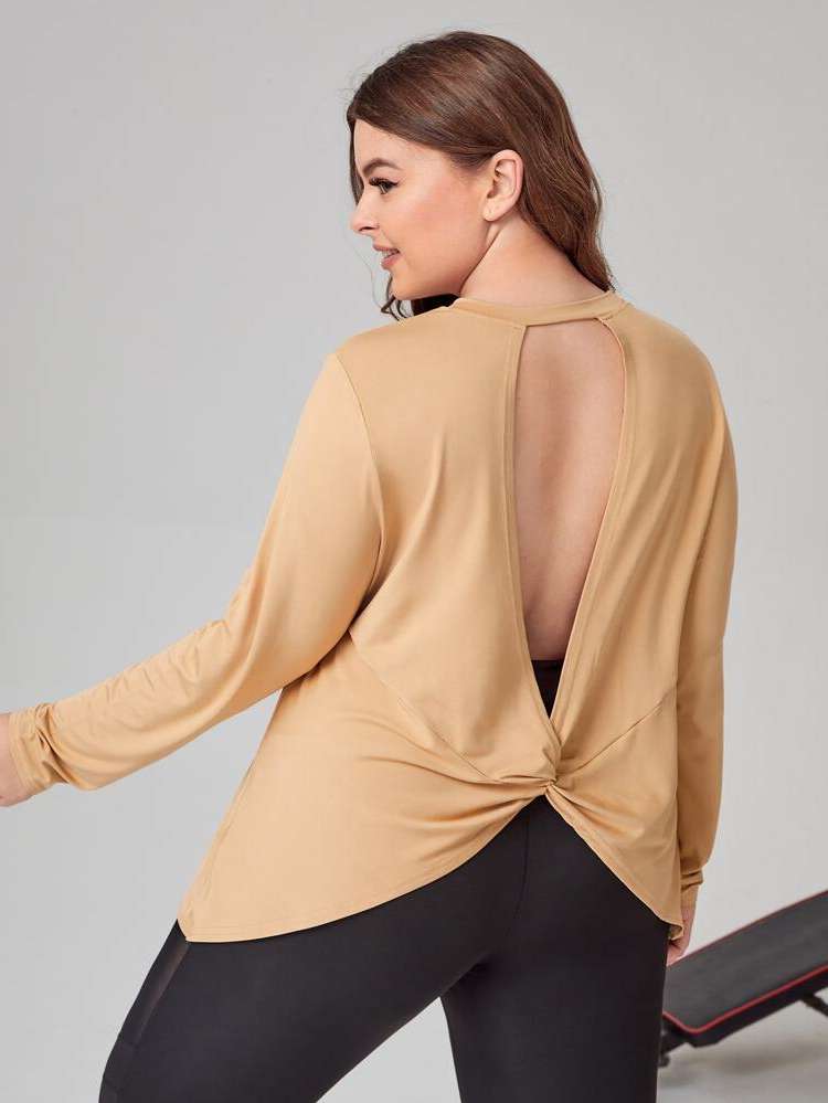 Regular Fit Khaki Backless Regular Plus Size Sports Tops 6985