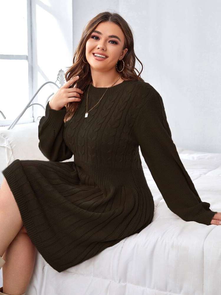 Knee Length Long Sleeve Plus Size Sweater Dresses 9996