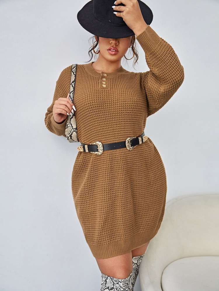 Round Neck Plain Regular Fit Plus Size Sweater Dresses 8726