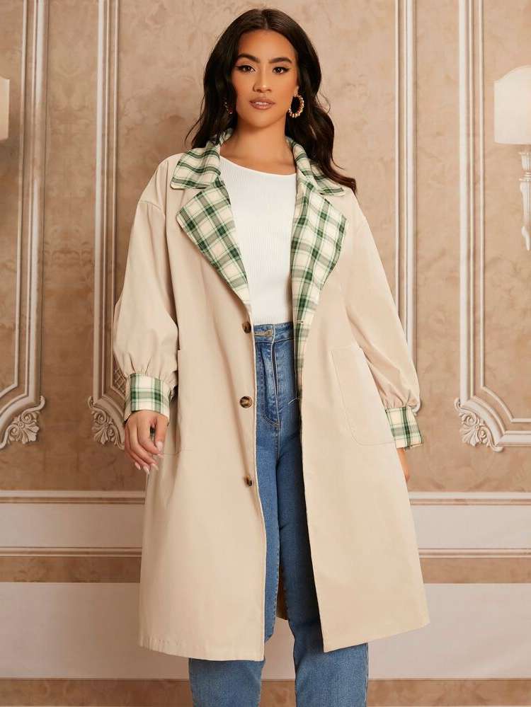 Midi Long Sleeve Plaid Khaki Plus Size Outerwears 7849