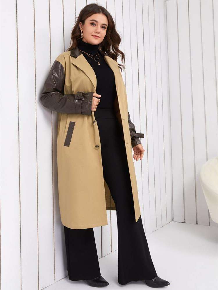 Long Sleeve Khaki Regular Fit Pocket Plus Size Trench Coats 2532