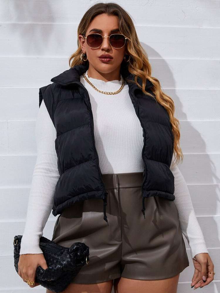 Casual Khaki Sleeveless Plain Plus Size Winter Coats 4690