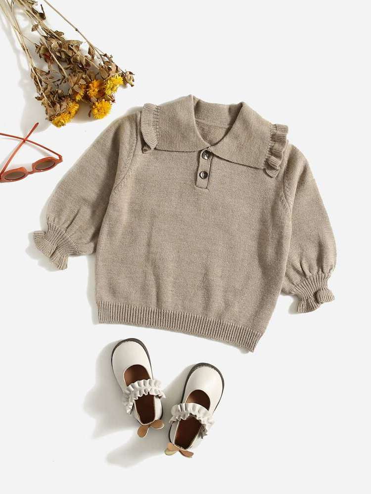 Plain Casual Ruffle Toddler Girl Sweaters 7830