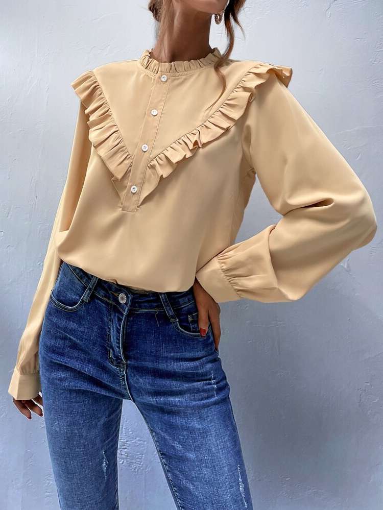 Plain Khaki Stand Collar Cute Women Clothing 4264