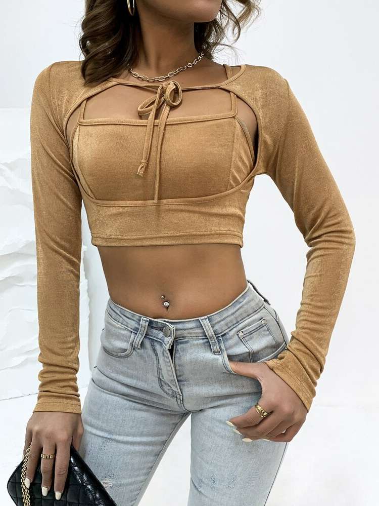 Khaki Long Sleeve Cut Out Sexy Women Tops, Blouses  Tee 3952