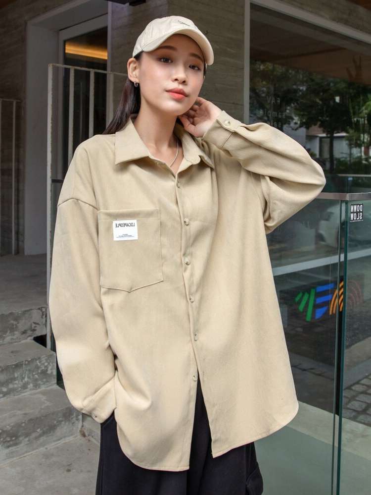 Khaki Patched Long Sleeve Letter Women Clothing 6382