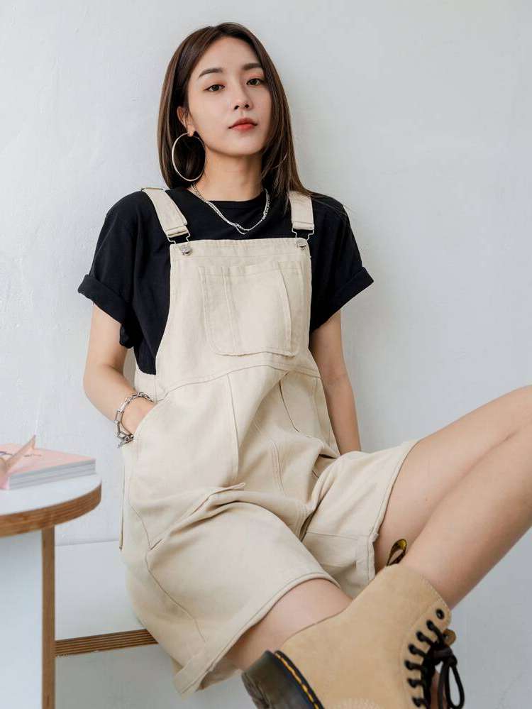 Straps Plain Khaki Regular Fit Women Denim Overalls  Jumpsuits 8535