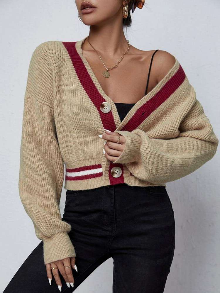  V neck Casual Colorblock Women Knitwear 6547