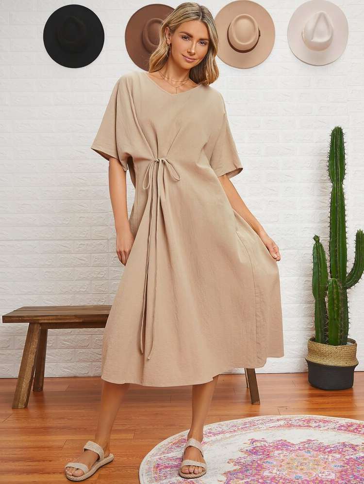  Khaki Wrap V neck Women Dresses 64