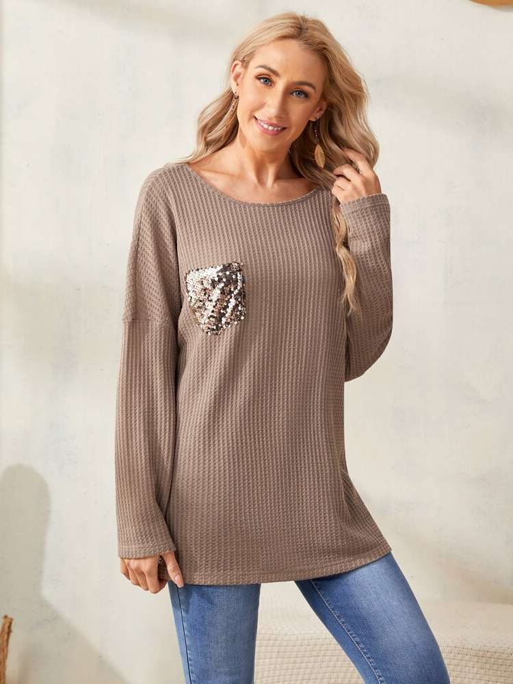 Contrast Sequin Casual Long Sleeve Long Women Tops, Blouses  Tee 6768