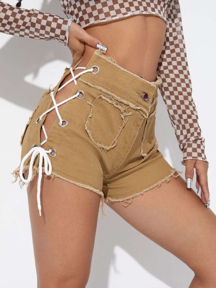  Khaki Lace Up Women Denim 4253