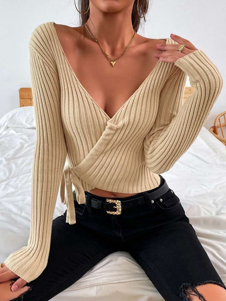 Deep V Neck Sexy Knot Slim Fit Women Clothing 7175