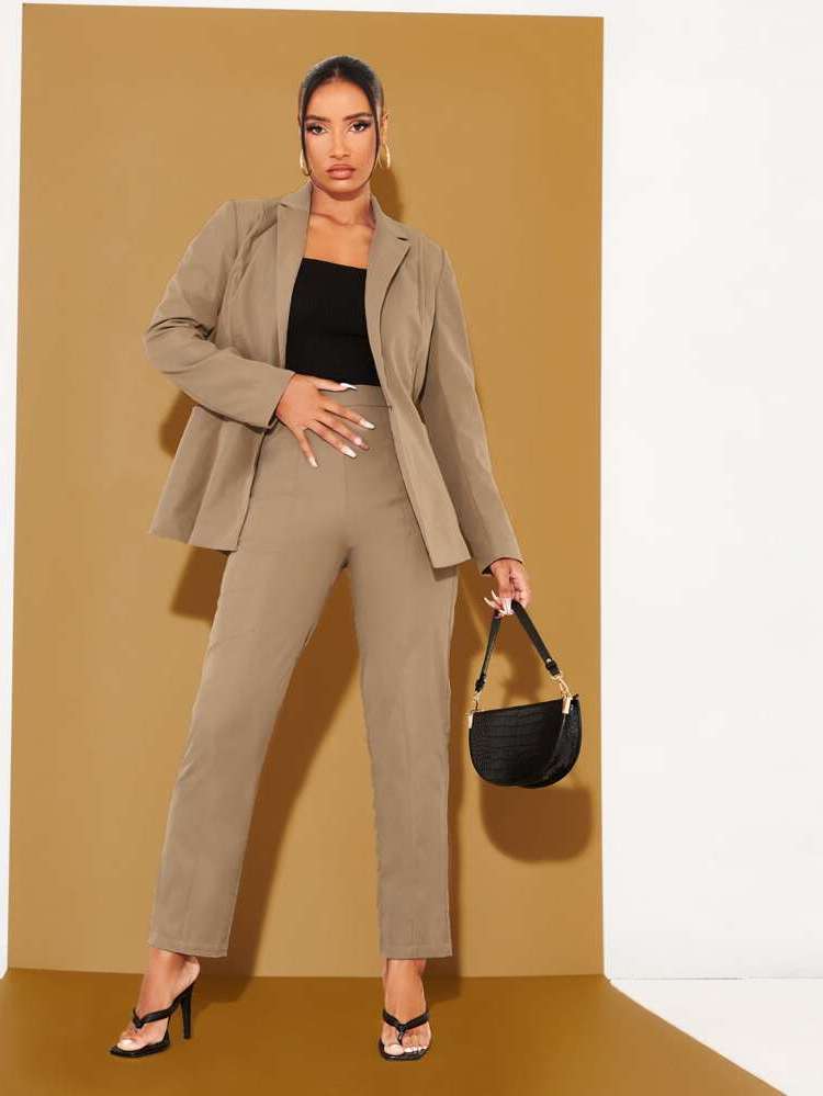 Zipper Khaki Long Sleeve Women Suit Sets 2998